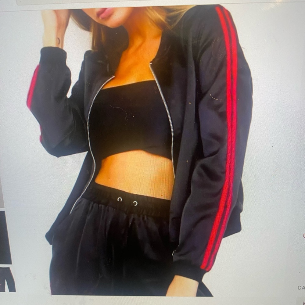 I. Am. Gia Johanna Bomber Track Jacket Black Satin w Red Stripes XS
